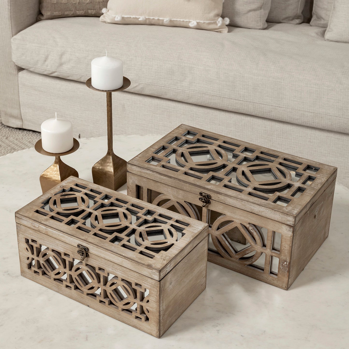 MIRRORED NATURAL WOOD BOXES