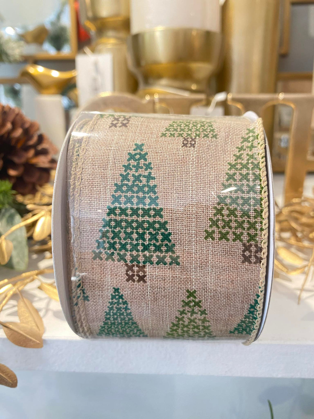 NATURAL LINEN PINE TREES RIBBON