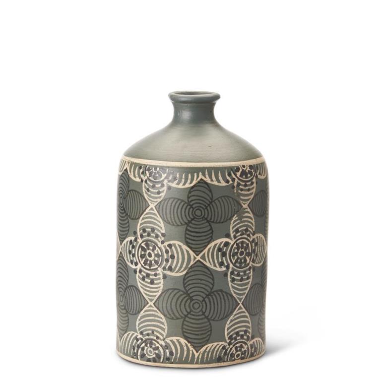 GREEN TERRACOTTA VASE W/ FLOWERS