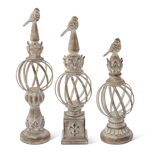 WHITEWASHED METAL BALL FINIALS W/ BIRD