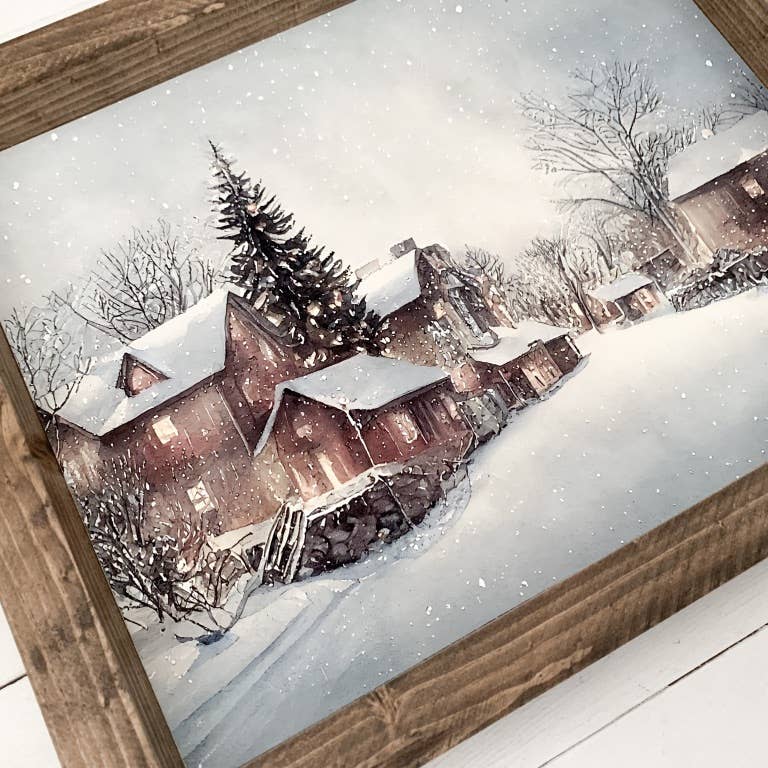 SNOWY VILLAGE WOOD FRAMED ART