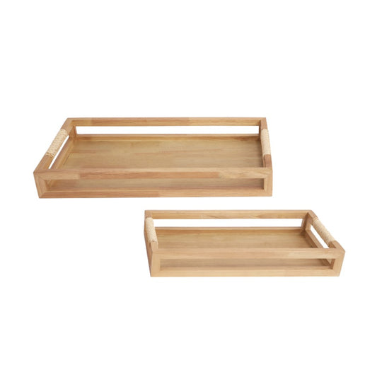 WOODEN TRAY W/ RATTAN HANDLES