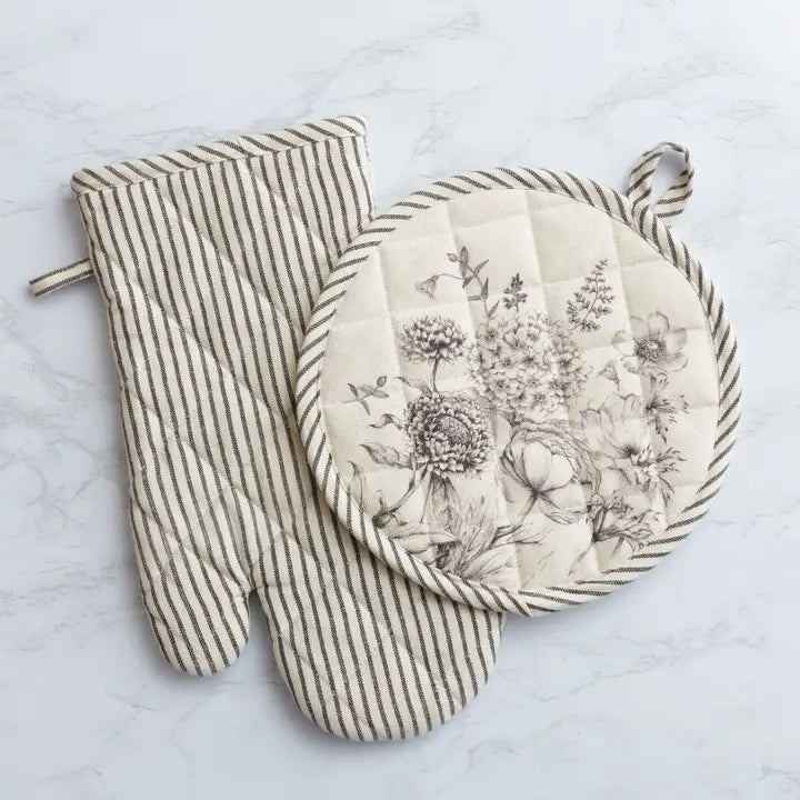 MITT & POT HOLDER - BLACK/WHITE BOTANICALS