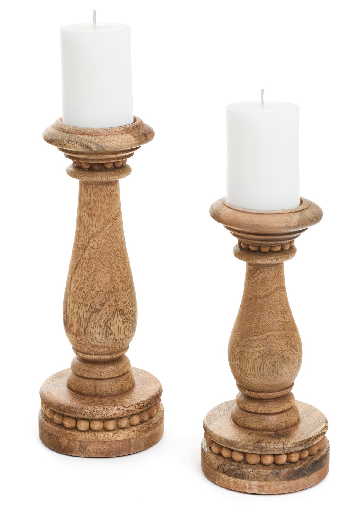 WOOD CANDLE HOLDER W/ BEADED BASE