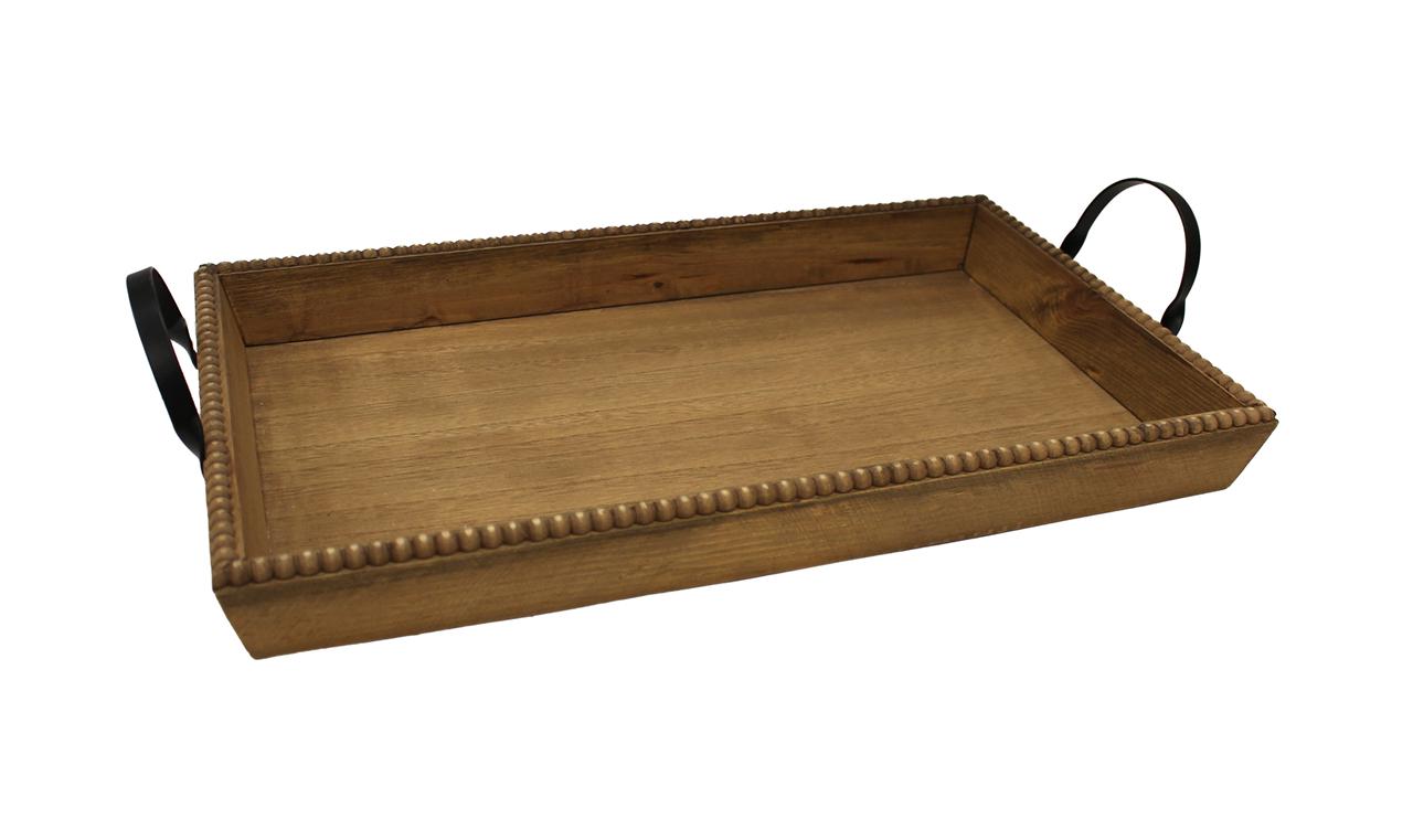 BEADED WOODEN TRAY W/ METAL HANDLES