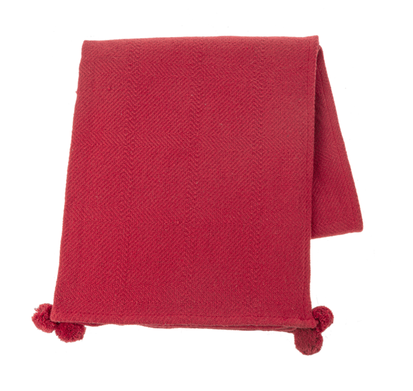 RED WOVEN THROW WITH POM POM'S