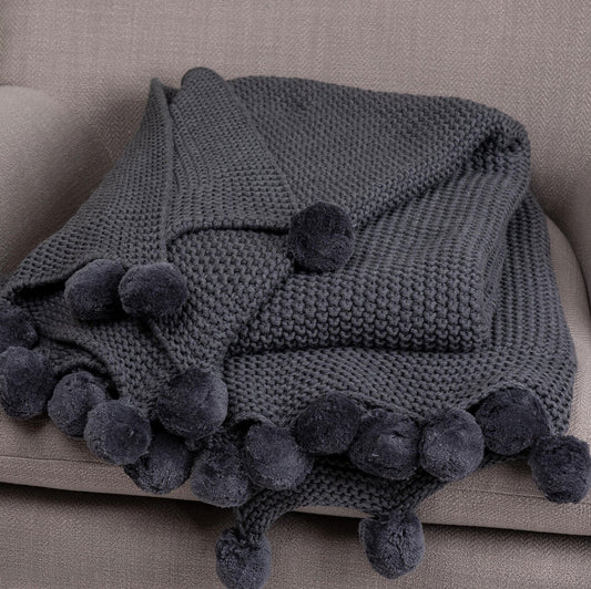 CHARCOAL POMPOM THROW BLANKET