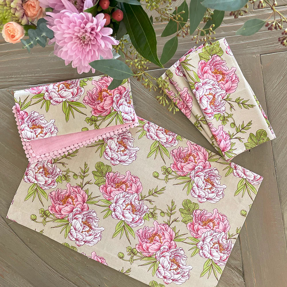 TEA STAIN PEONY TABLE LINEN
