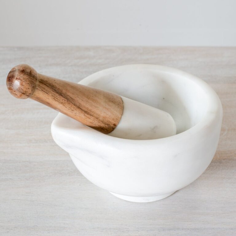 WHITE MARBLE AND WOOD MORTAR & PESTLE