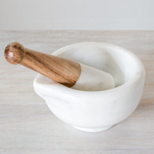 WHITE MARBLE AND WOOD MORTAR & PESTLE