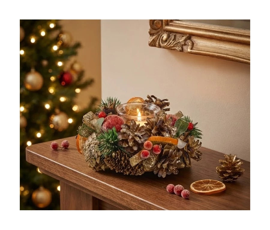 BEADED FRUIT/PINE CONE CANDLE HOLDER