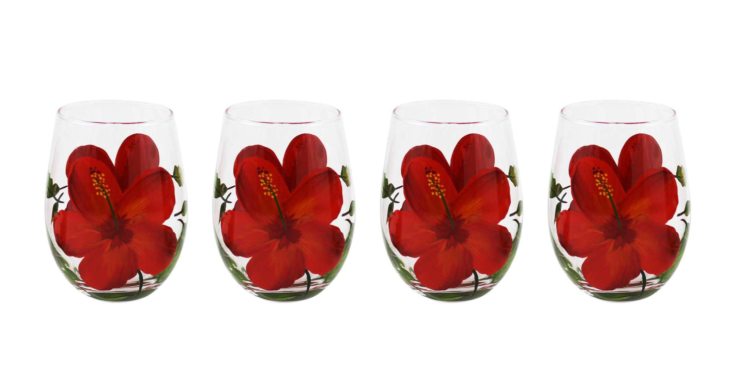 HAND-PAINTED HIBISCUS STEMLESS GLASS