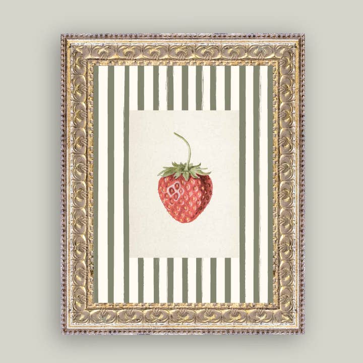 STRAWBERRIES ON STRIPES FRAMED ANTIQUE ART