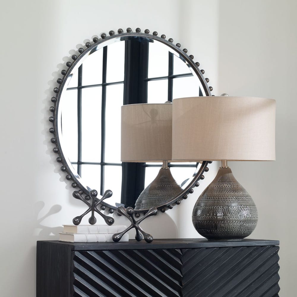 TAZA ROUND MIRROR - DISTRESSED BLACK