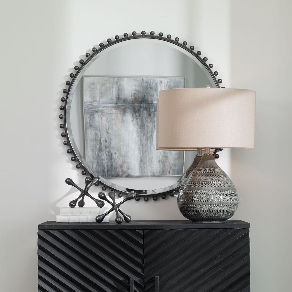 TAZA ROUND MIRROR - DISTRESSED BLACK