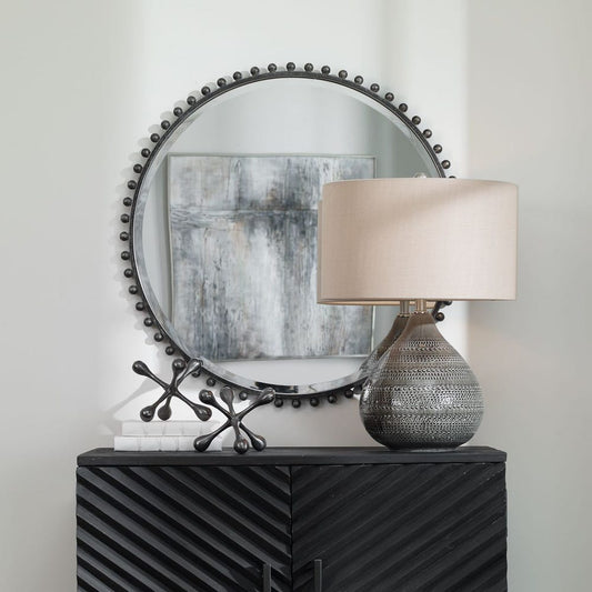 TAZA ROUND MIRROR - DISTRESSED BLACK