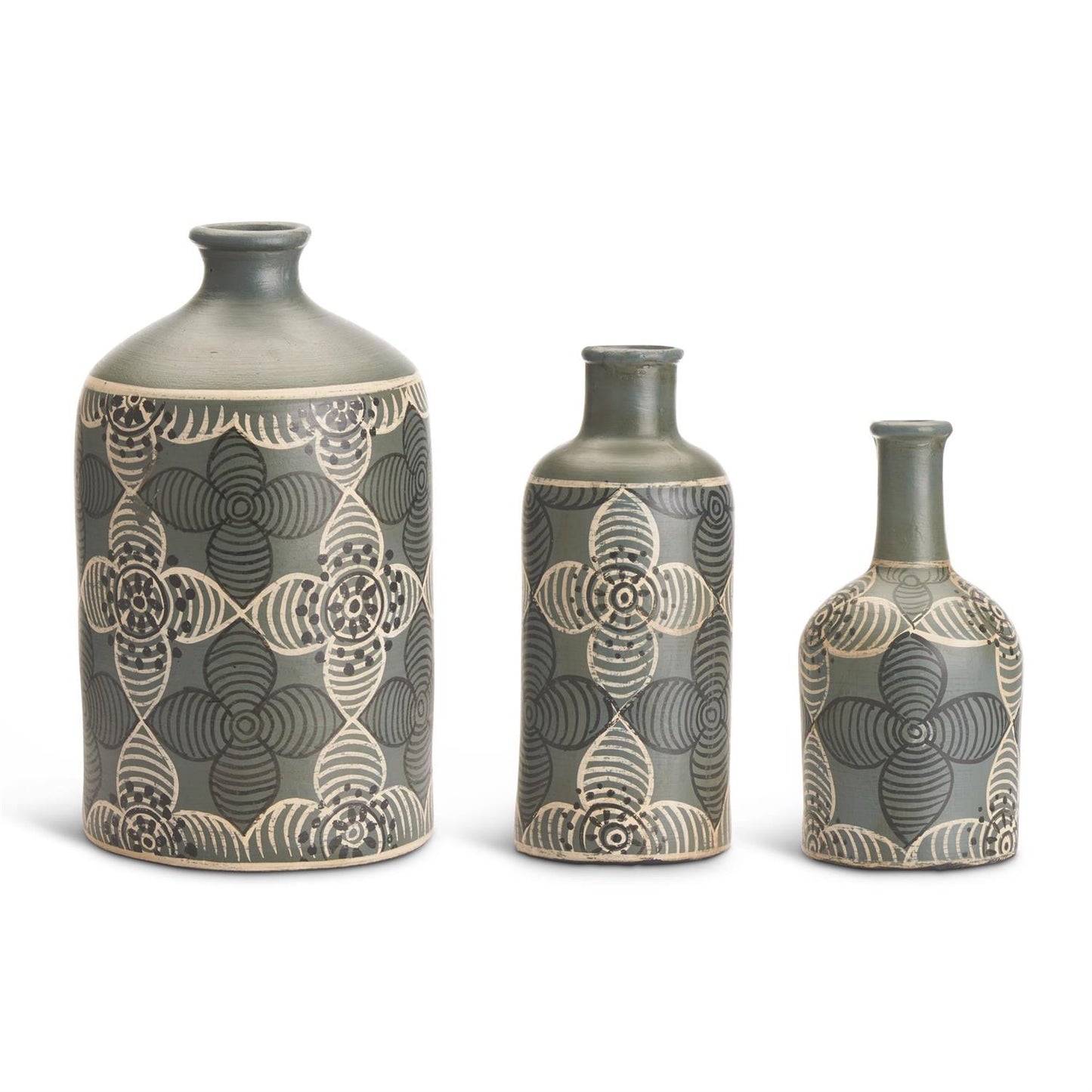 GREEN TERRACOTTA VASE W/ FLOWERS