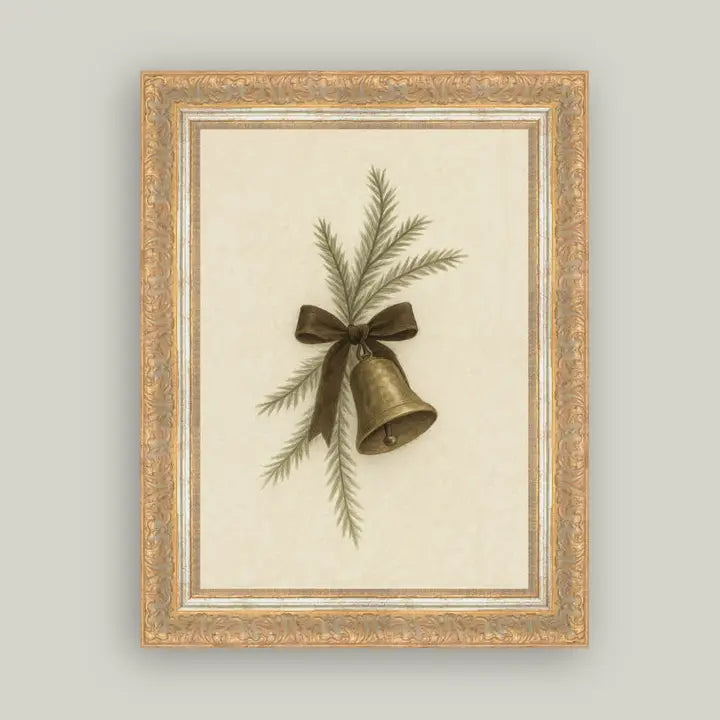 BELL W/ PINE FRAMED ANTIQUE ART