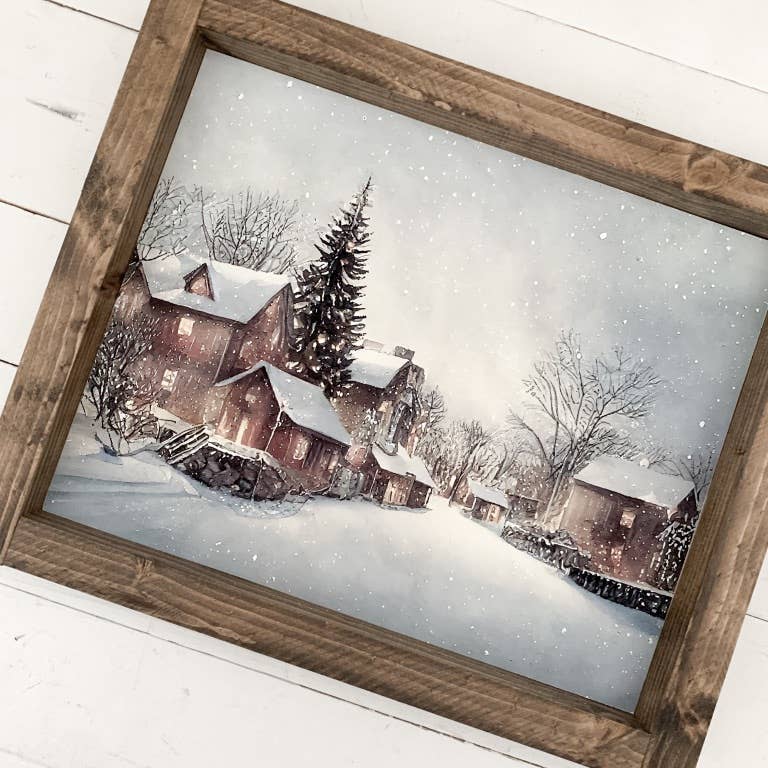 SNOWY VILLAGE WOOD FRAMED ART