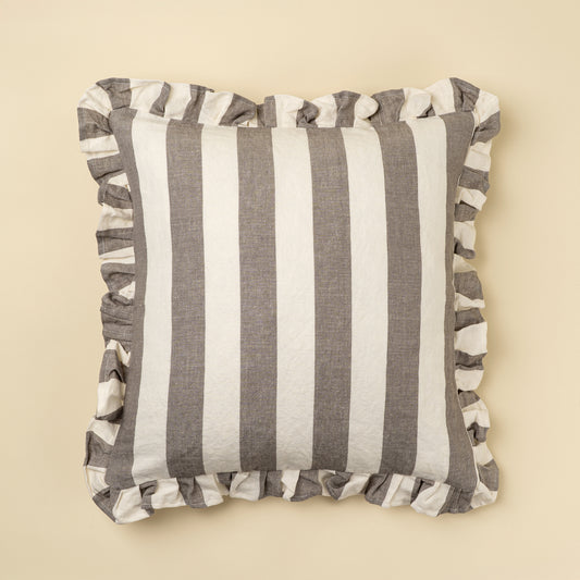 GREY RUFFLE THICK STRIPE PILLOW