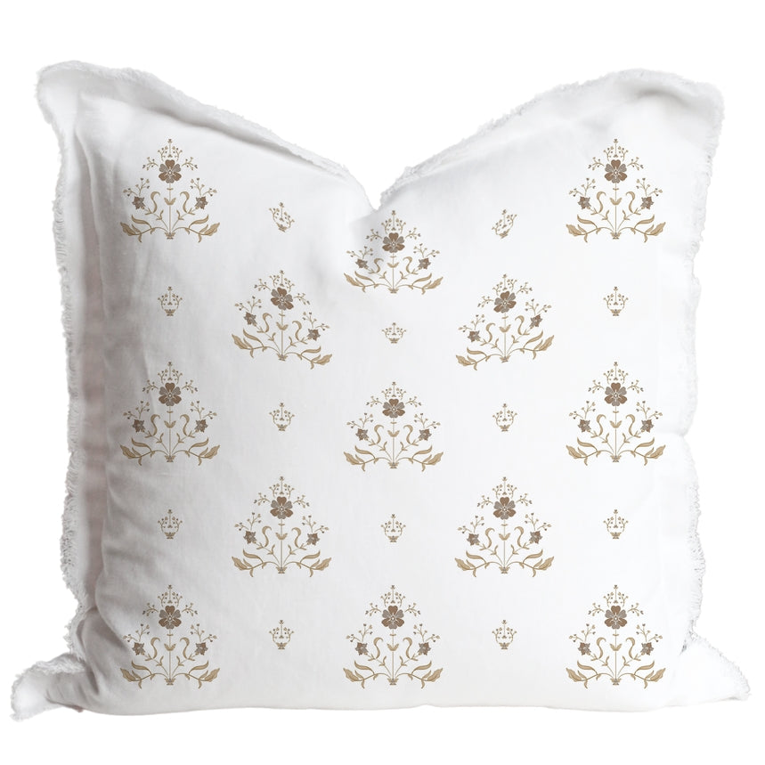 HAND BLOCK BROWN FLORAL FRINGE PILLOW