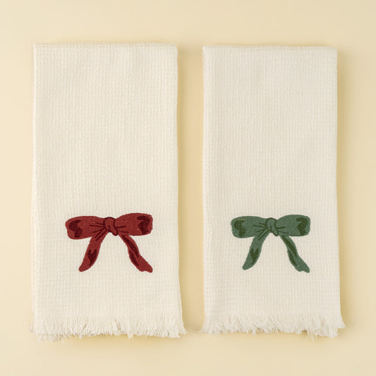 EMBROIDERED BOW WAFFLE HAND TOWEL S/2