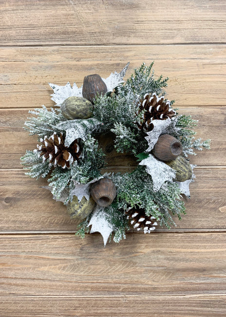 3" SNOWY CANDLE RING W/ PINE AND WALNUT