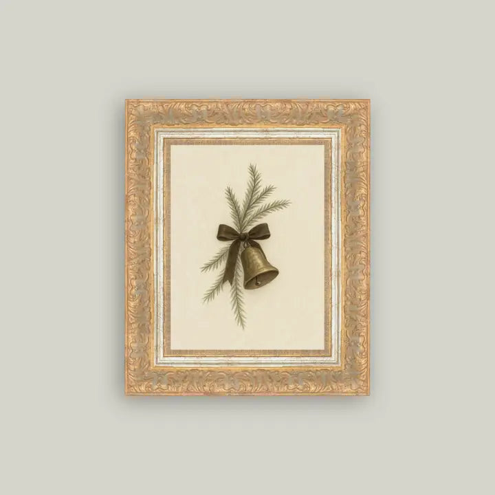BELL W/ PINE FRAMED ANTIQUE ART