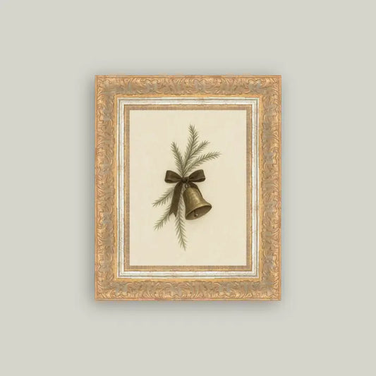 BELL W/ PINE FRAMED ANTIQUE ART