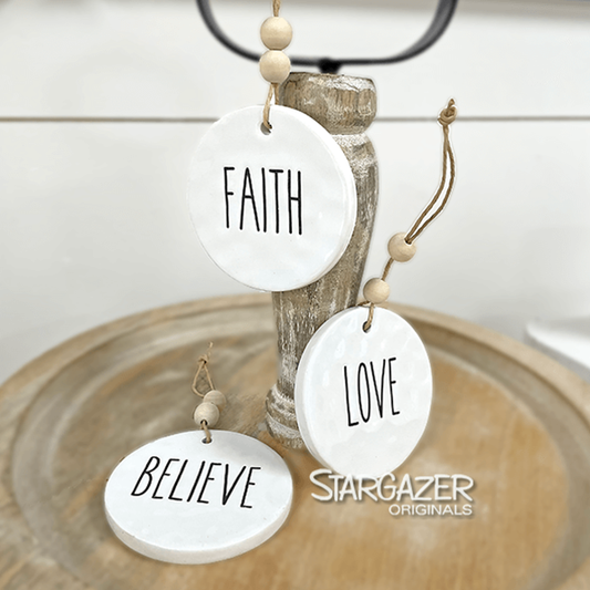 LOVE BELIEVE FAITH CERAMIC ORNAMENTS