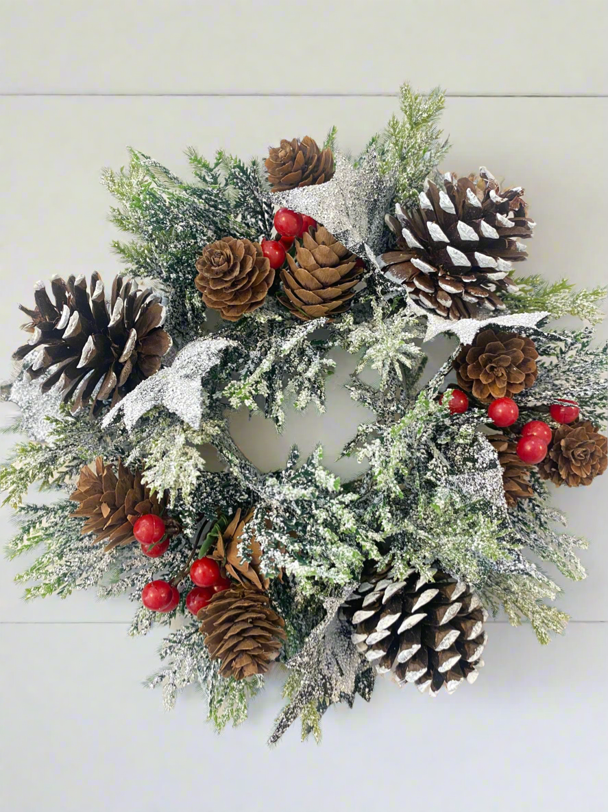 3" SNOWY CANDLE RING W/ PINE AND BERRIES