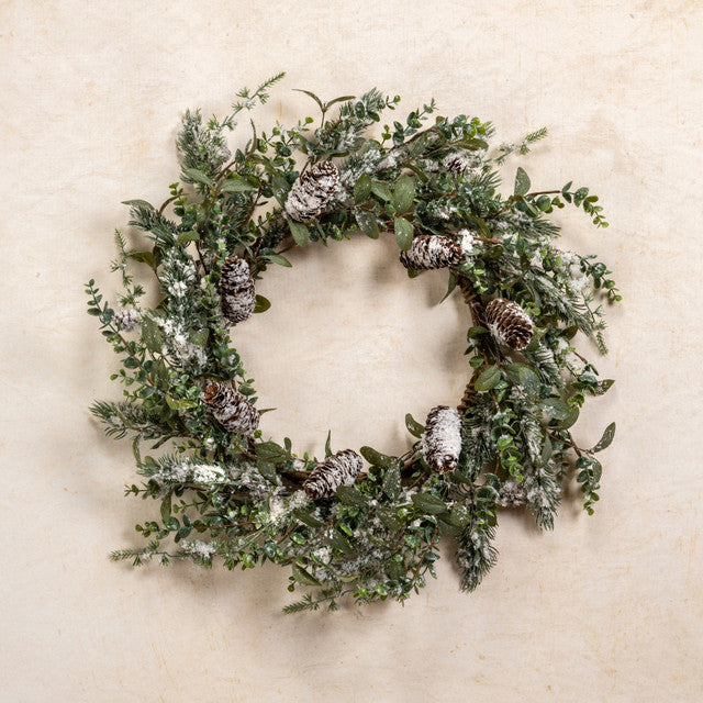 24" SNOWED PINE W/ PINECONE WREATH