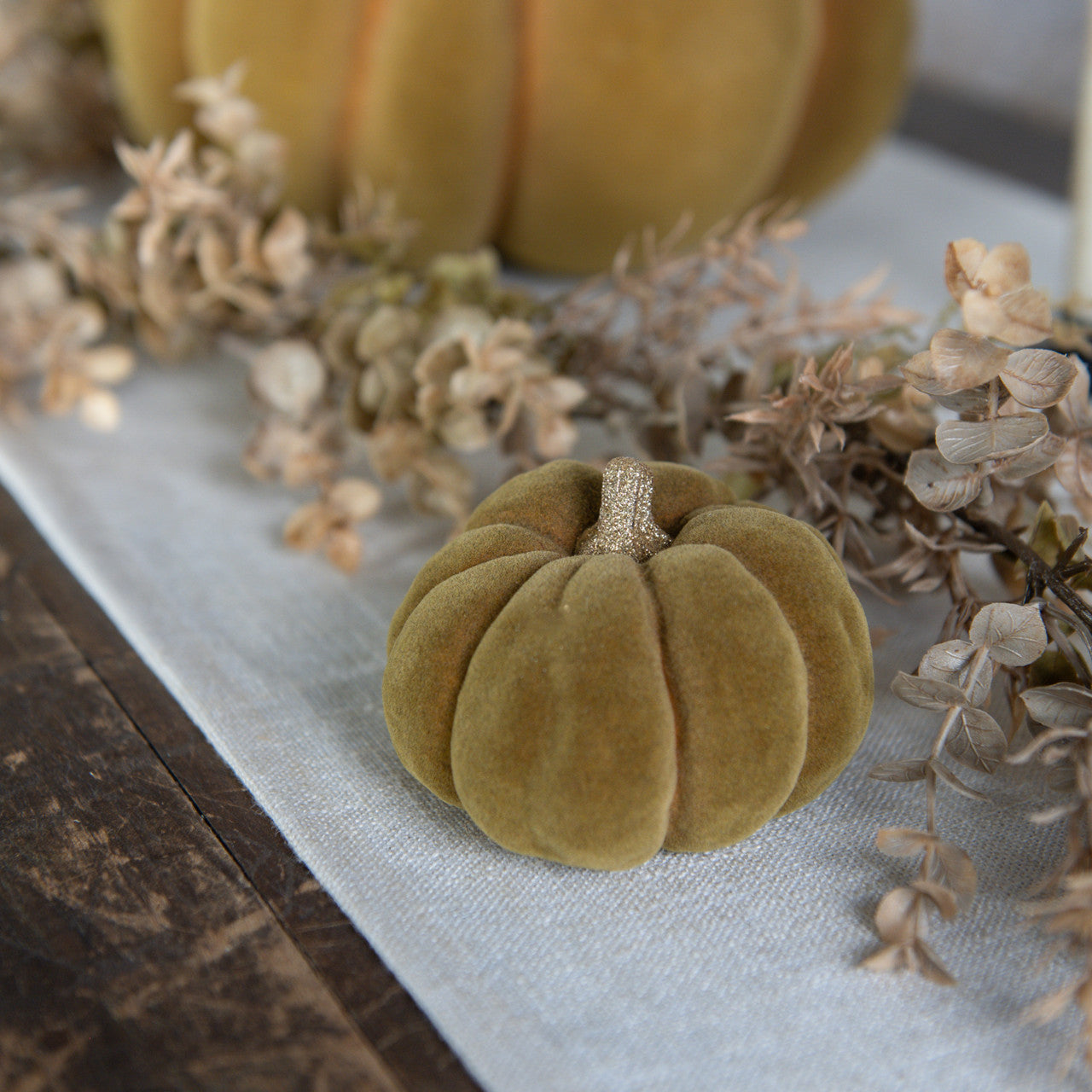 GREEN FLOCKED PUMPKIN W GOLD STEM