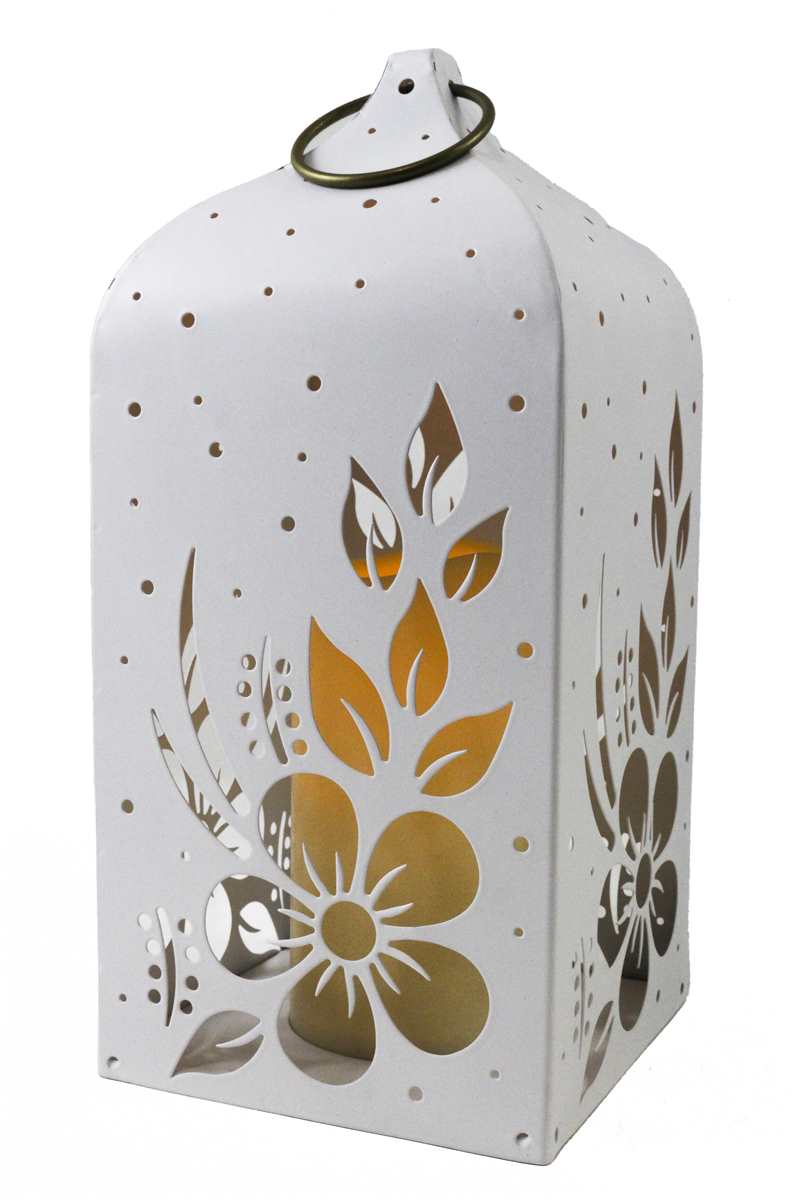 WHITE METAL LANTERN W/ FLOWERS
