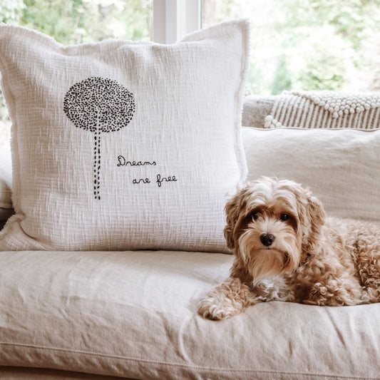 DREAMS ARE FREE EMBROIDERED PILLOW