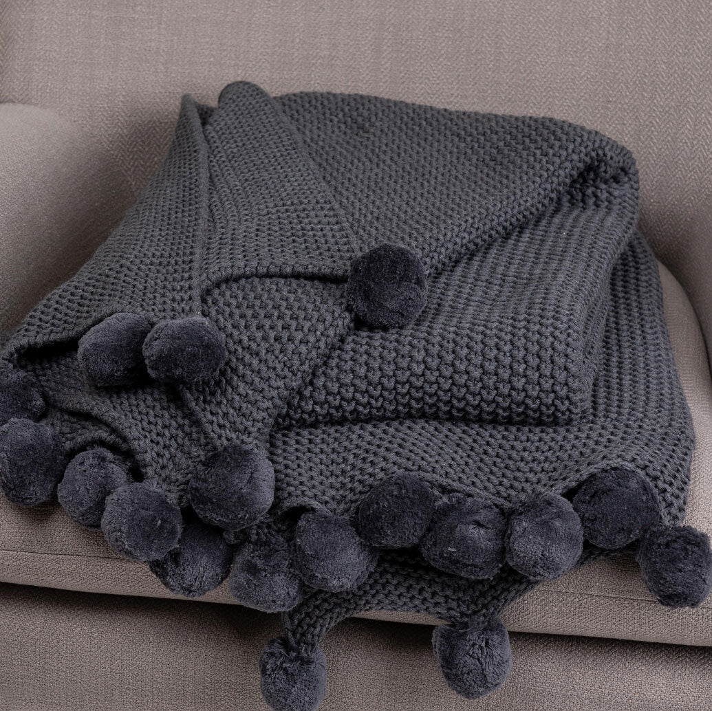 CHARCOAL POMPOM THROW BLANKET