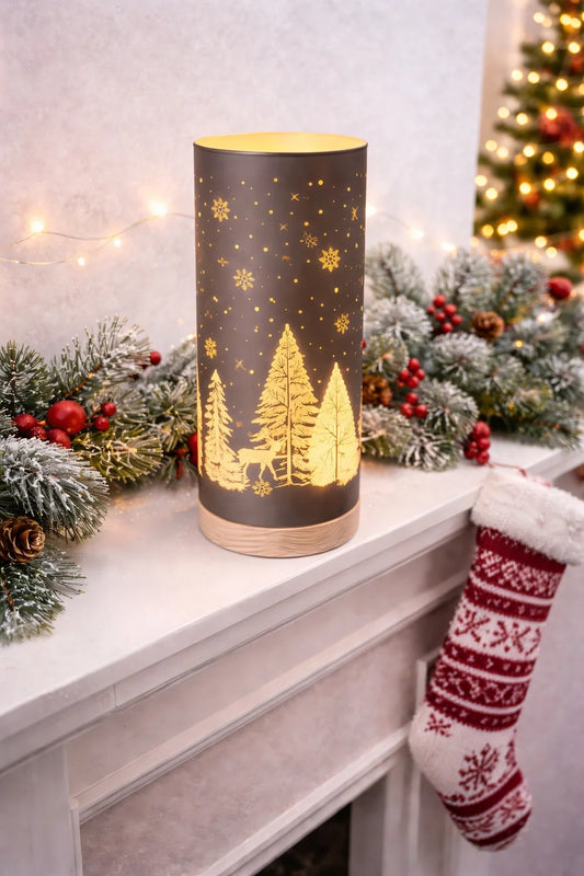 BROWN LED GLASS CYLINDER W/ WOOD BASE