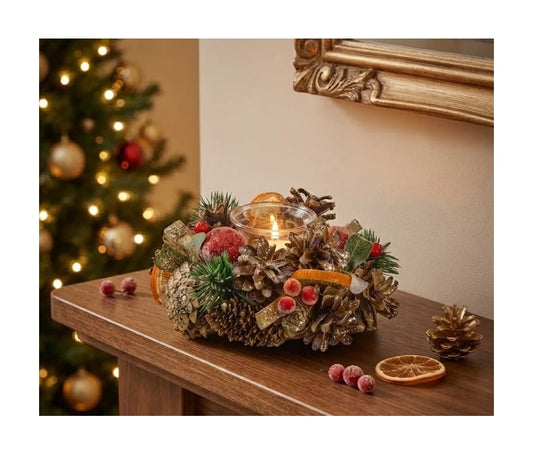 BEADED FRUIT/PINE CONE CANDLE HOLDER