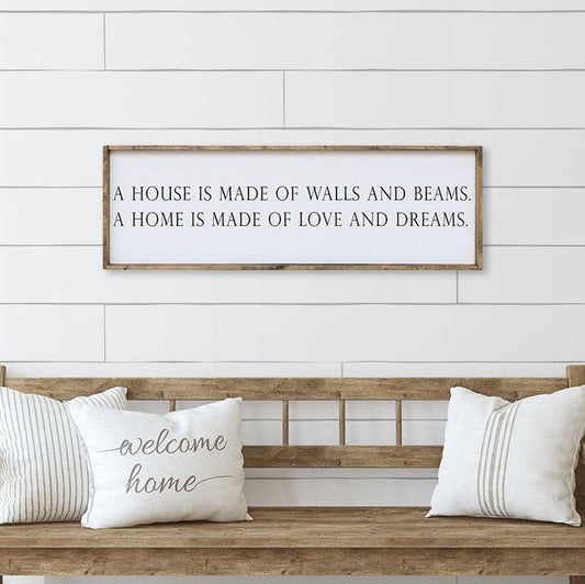 A HOUSE IS MADE OF WALLS AND BEAMS WOOD SIGN