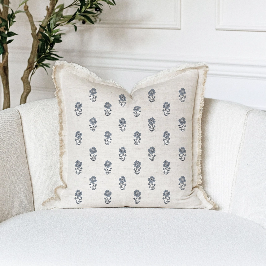 HAND BLOCK FLORAL FRINGE PILLOW