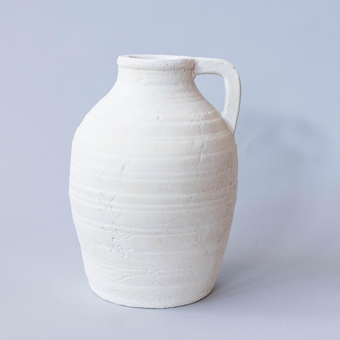 WHITE TERRACOTTA VASE W/ HANDLE