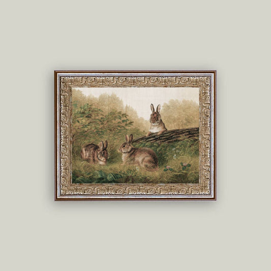 RABBITS ON A LOG FRAMED ANTIQUE ART