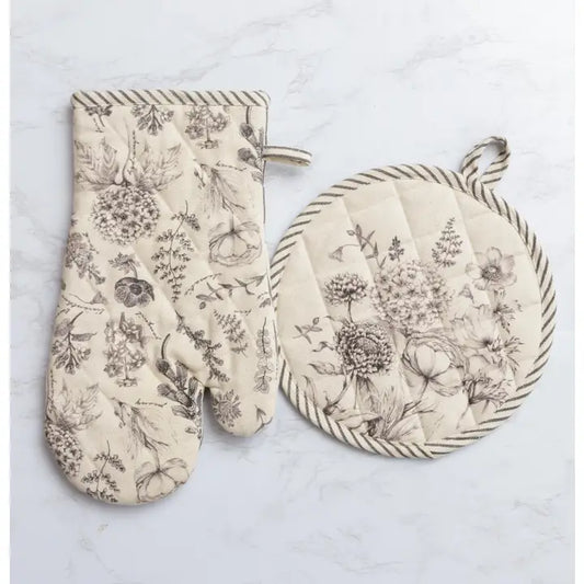 MITT & POT HOLDER - BLACK/WHITE BOTANICALS