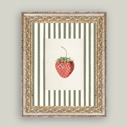STRAWBERRIES ON STRIPES FRAMED ANTIQUE ART