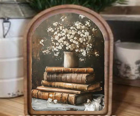 ARCHED BOOKS W/ FLOWERS FRAMED ART