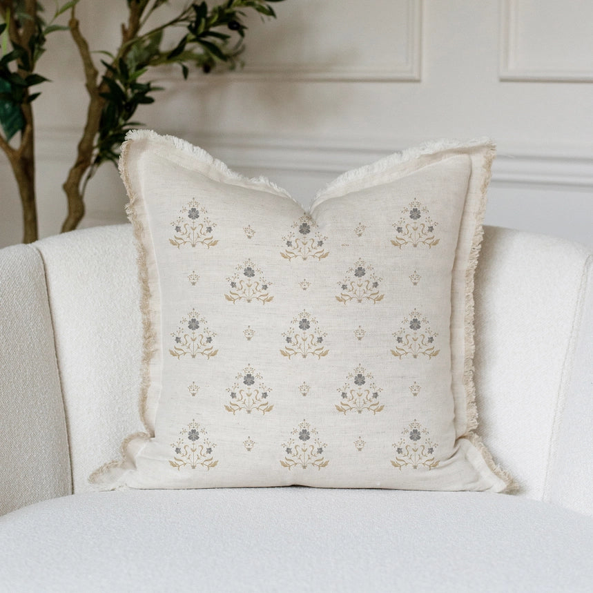 HAND BLOCK BROWN FLORAL FRINGE PILLOW