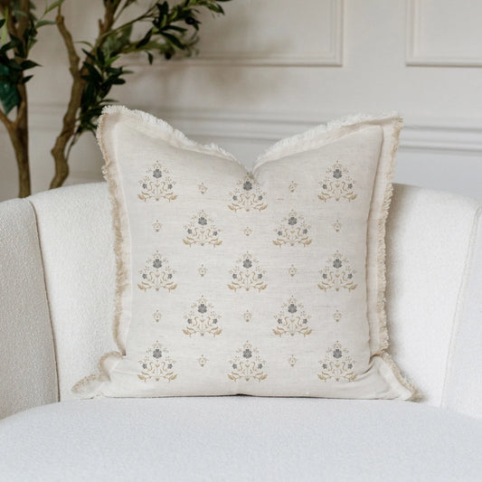 HAND BLOCK BROWN FLORAL FRINGE PILLOW