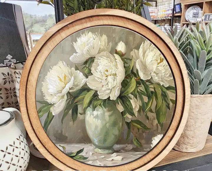 8" ROUND MUTED PEONY CANVAS ART