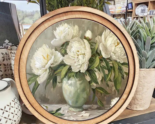 8" ROUND MUTED PEONY CANVAS ART