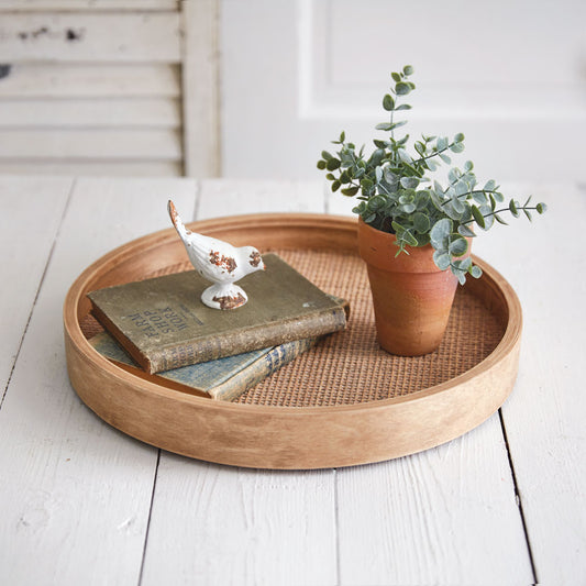 CANE AND WOOD ROUND TRAY